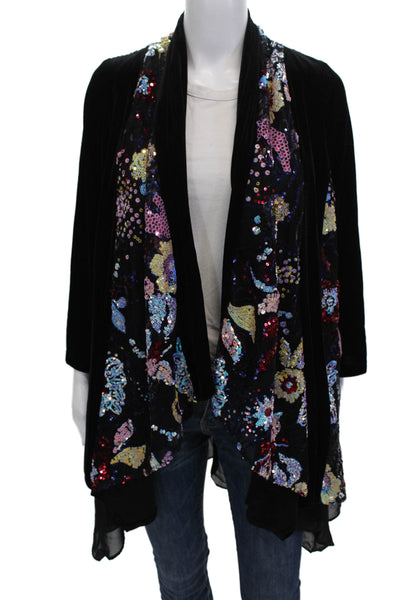 Aris A. Womens Bohemian Floral Black Coat Long Sleeve Polyester Spandex Size S