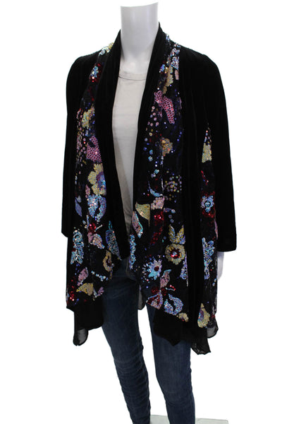 Aris A. Womens Bohemian Floral Black Coat Long Sleeve Polyester Spandex Size S