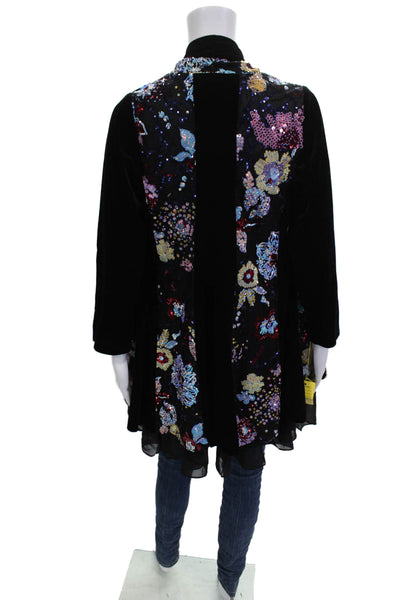 Aris A. Womens Bohemian Floral Black Coat Long Sleeve Polyester Spandex Size S