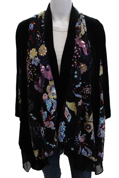 Aris A. Womens Black Floral V-Neck Boho Cape Coat Long Sleeve Size M