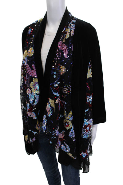 Aris A. Womens Black Floral V-Neck Boho Cape Coat Long Sleeve Size M