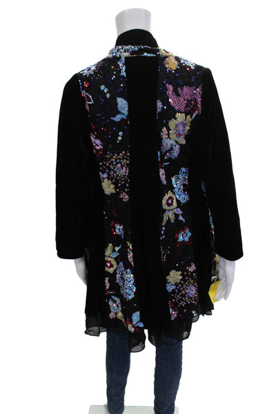 Aris A. Womens Black Floral V-Neck Boho Cape Coat Long Sleeve Size M