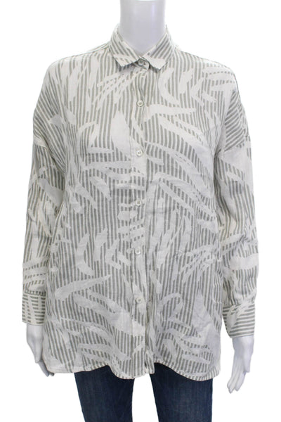 Ross035 Women Linen Striped Collared Button-Up Long Sleeve Blouse Gray Size 40
