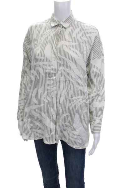 Ross035 Women Linen Striped Collared Button-Up Long Sleeve Blouse Gray Size 40