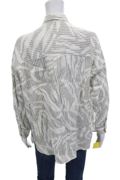Ross035 Women Linen Striped Collared Button-Up Long Sleeve Blouse Gray Size 40
