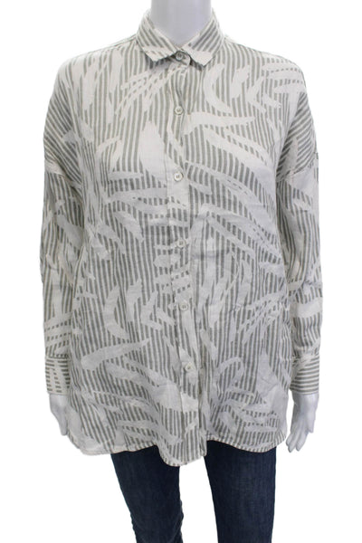 Ross035 Womens Gray Striped Linen Collared Button-Up Long Sleeve Top Size 44