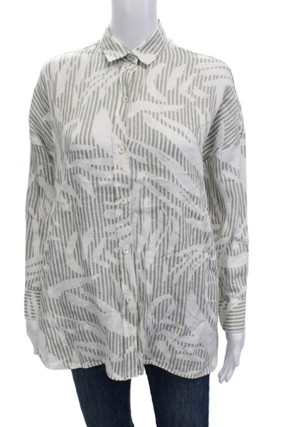 Ross035 Womens Gray Striped Linen Collared Button-Up Long Sleeve Top Size 44