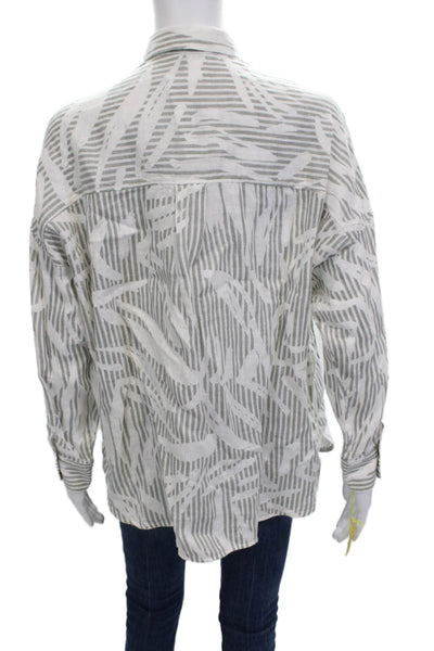 Ross035 Womens Gray Striped Linen Collared Button-Up Long Sleeve Top Size 44