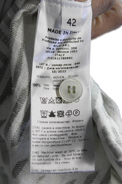 Ross035 Womens Gray Striped Linen Collared Button-Up Long Sleeve Top Size 44