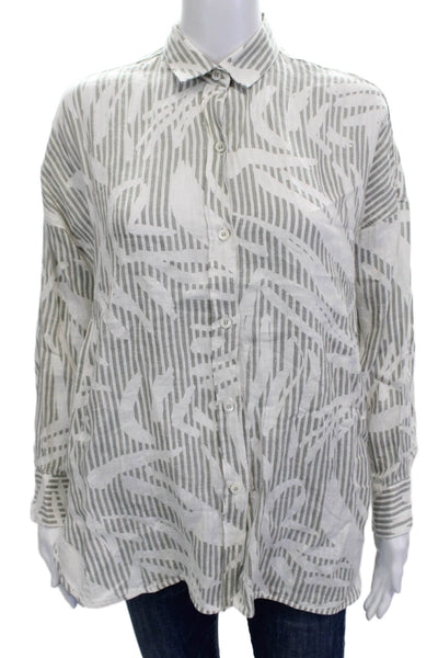 Ross035 Women Collared Striped Linen Button-Up Long Sleeve Gray Bird Size 42