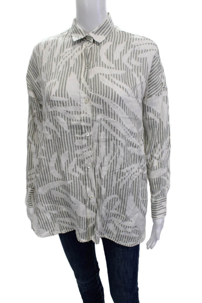 Ross035 Women Collared Striped Linen Button-Up Long Sleeve Gray Bird Size 42