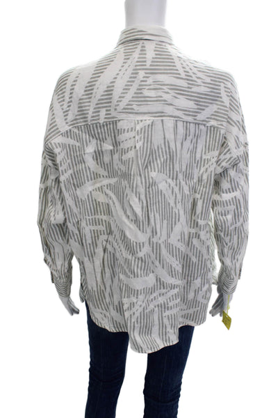 Ross035 Women Collared Striped Linen Button-Up Long Sleeve Gray Bird Size 42