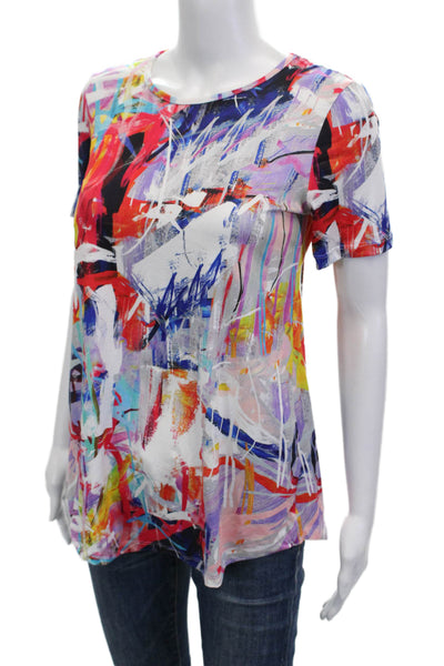 Pure Essence Women Black Linen Graphic Tunic Short Sleeve Round Neck Size S