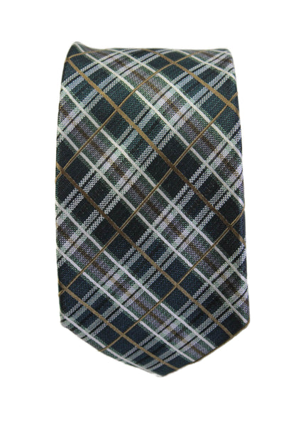 Michael Kors Mens Satin Plaid Print Tie Dark Green