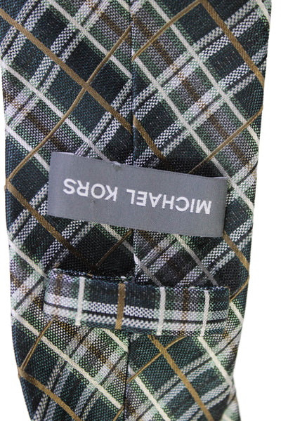 Michael Kors Mens Satin Plaid Print Tie Dark Green