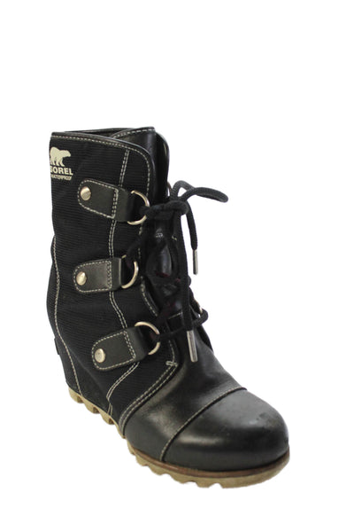 Sorel Womens Lace Up Wedge Heel Leather Trim Canvas Booties Black Size 6.5