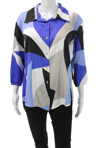 Donna Karan New York Women Black Geometric Button-Up Blouse 3/4 Sleeve Size L