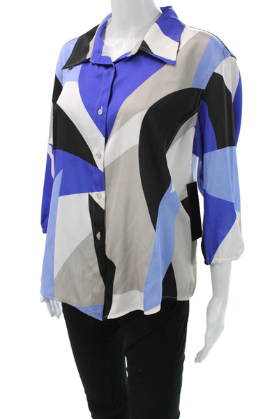 Donna Karan New York Women Black Geometric Button-Up Blouse 3/4 Sleeve Size L