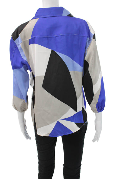 Donna Karan New York Women Black Geometric Button-Up Blouse 3/4 Sleeve Size L