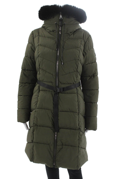 DKNY Women Army Green Quilted Puffer Parka Buckle High Neck Size M