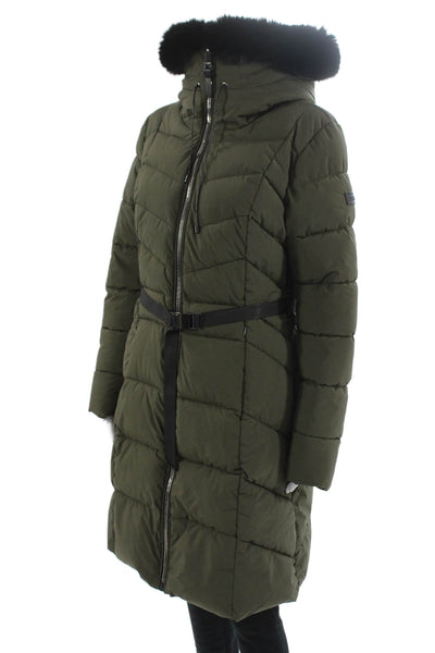 DKNY Women Army Green Quilted Puffer Parka Buckle High Neck Size M