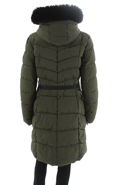 DKNY Women Army Green Quilted Puffer Parka Buckle High Neck Size M