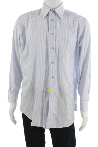 Paul Fredrick Mens Point Collar Striped Light Blue Cotton Dress Shirt Size 16