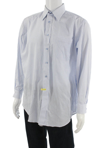 Paul Fredrick Mens Point Collar Striped Light Blue Cotton Dress Shirt Size 16