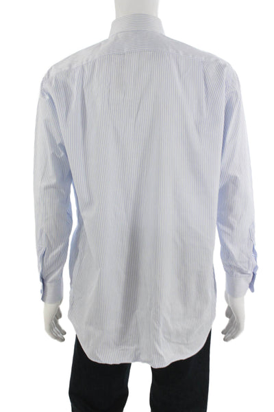 Paul Fredrick Mens Point Collar Striped Light Blue Cotton Dress Shirt Size 16