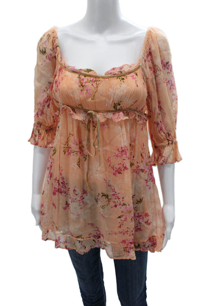 Free People Women Tunic Pink Floral Square Neck 3/4 Sleeve Drawstring Size S