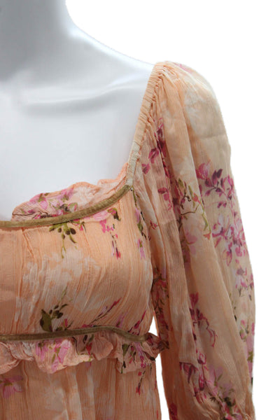 Free People Women Tunic Pink Floral Square Neck 3/4 Sleeve Drawstring Size S