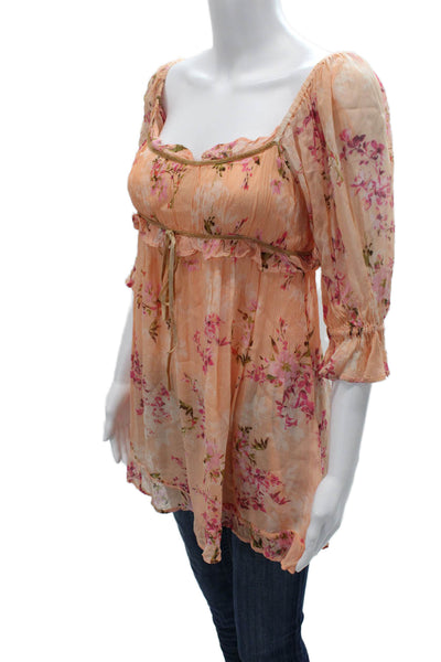 Free People Women Tunic Pink Floral Square Neck 3/4 Sleeve Drawstring Size S