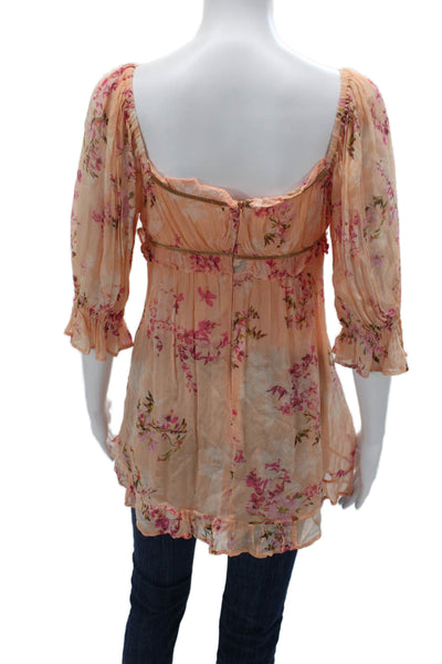 Free People Women Tunic Pink Floral Square Neck 3/4 Sleeve Drawstring Size S