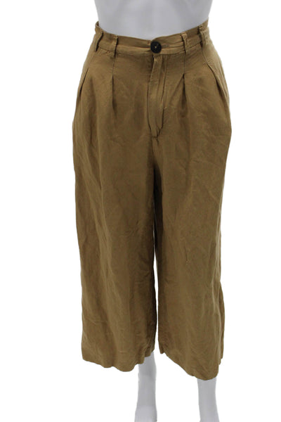 Zara Women Cropped Khakis Brown Polyester Blend Button Closure Inseam 24 Size L