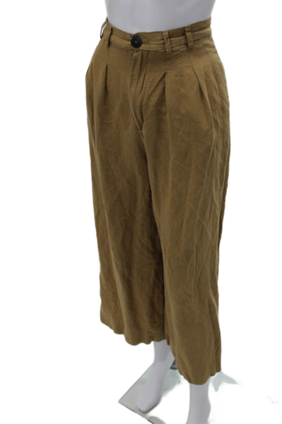 Zara Women Cropped Khakis Brown Polyester Blend Button Closure Inseam 24 Size L
