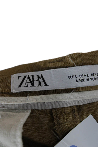 Zara Women Cropped Khakis Brown Polyester Blend Button Closure Inseam 24 Size L