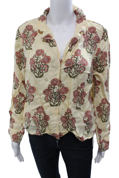 J Crew Women Beige Floral Viscose Collared Button Up Long Sleeve Top Size L