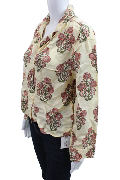 J Crew Women Beige Floral Viscose Collared Button Up Long Sleeve Top Size L