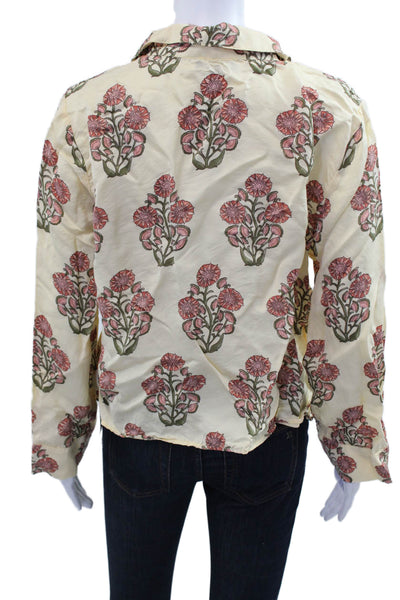 J Crew Women Beige Floral Viscose Collared Button Up Long Sleeve Top Size L