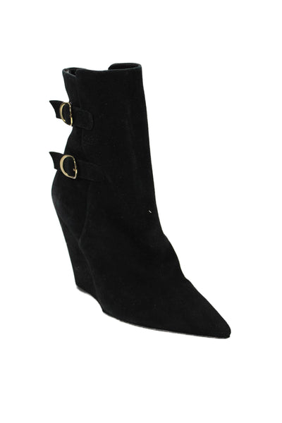 Stuart Weitzman Womens Suede Zip Buckled Pointed Toe Wedge Boots Black Size 8.5