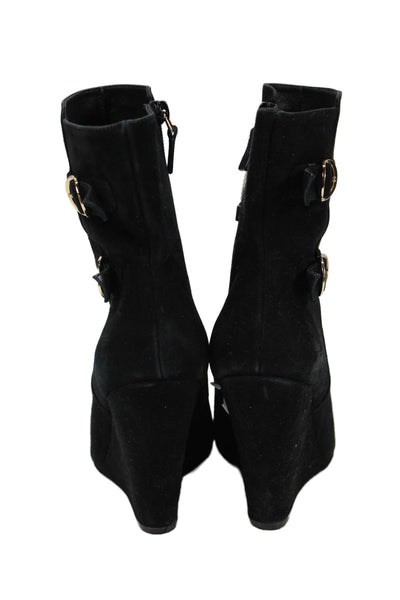 Stuart Weitzman Womens Suede Zip Buckled Pointed Toe Wedge Boots Black Size 8.5