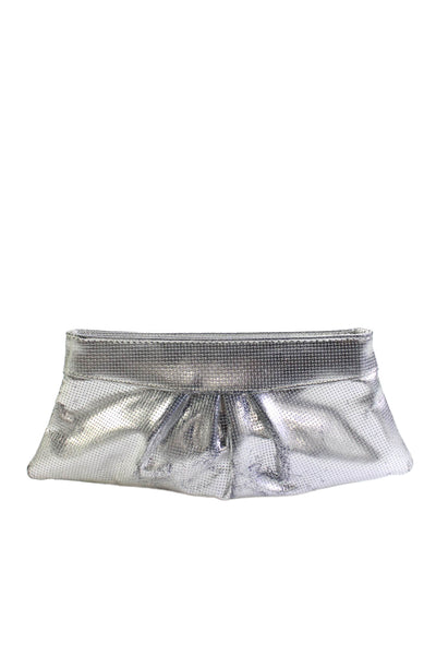 Lauren Merkin Womens Small Ruched Metallic Leather Clutch Handbag Silver Tone
