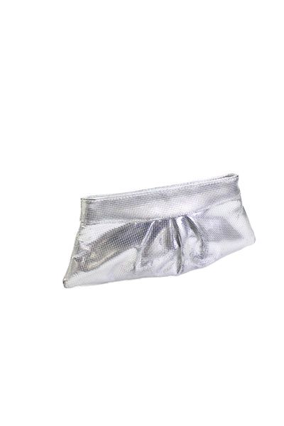 Lauren Merkin Womens Small Ruched Metallic Leather Clutch Handbag Silver Tone
