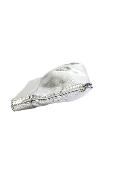 Lauren Merkin Womens Small Ruched Metallic Leather Clutch Handbag Silver Tone