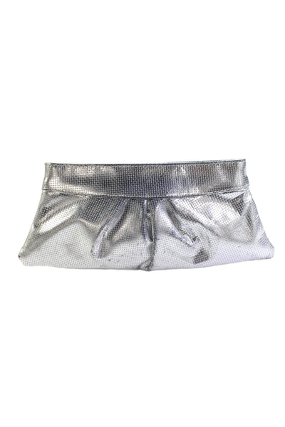 Lauren Merkin Womens Small Ruched Metallic Leather Clutch Handbag Silver Tone