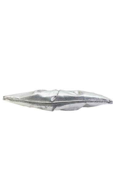 Lauren Merkin Womens Small Ruched Metallic Leather Clutch Handbag Silver Tone