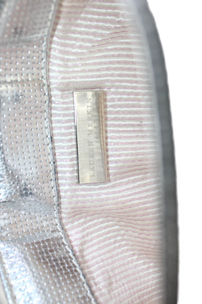 Lauren Merkin Womens Small Ruched Metallic Leather Clutch Handbag Silver Tone