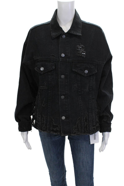 Carmar Womens Black Cotton Collared Button Long Sleeve Jacket Grunge Size S