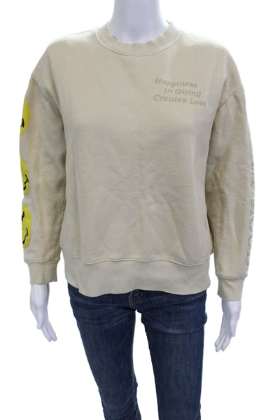 Zara Women Pullover Sweatshirt Beige Crew Neck Cotton Graphic Quotes Size M