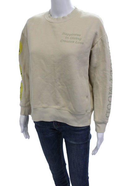 Zara Women Pullover Sweatshirt Beige Crew Neck Cotton Graphic Quotes Size M